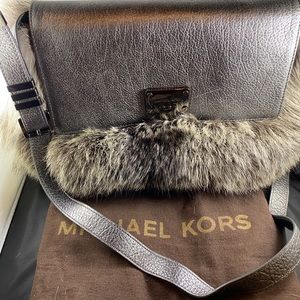 MK Gray Metallic Real Fox & Leather Flat Crossbody